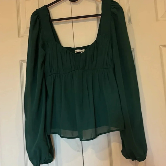 Abercrombie olive green chiffon puff long sleeve blouse Sz S - Picture 10 of 16
